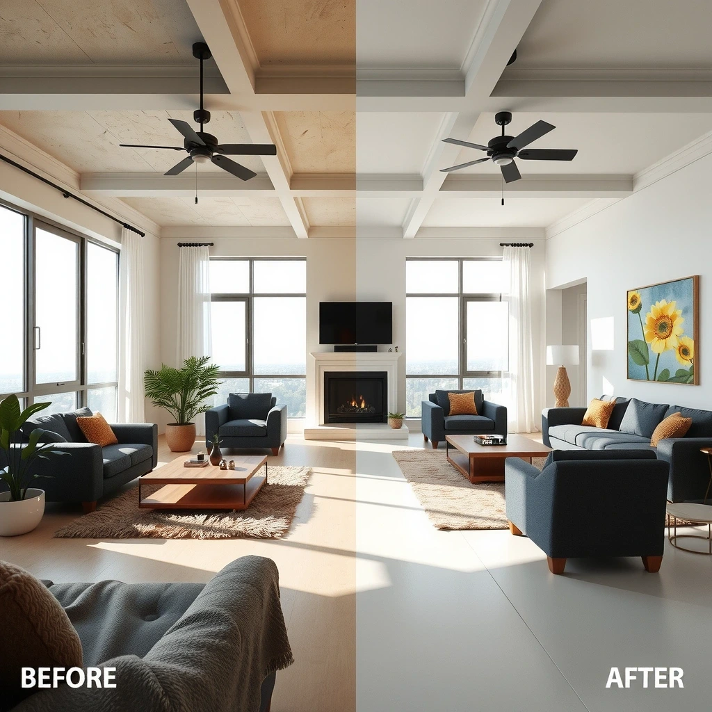 Living room before and after cleaning comparison