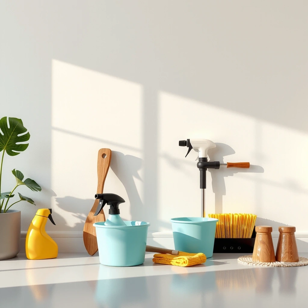 Annotated cleaning tools showing organized usage